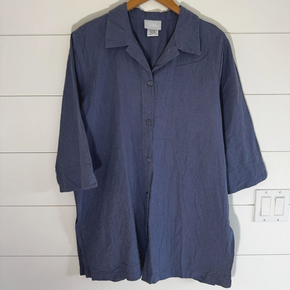 Blair XL Linen Cotton Dusty Blue Button Front Short Sleeve Top Beach Casual - Picture 3 of 15